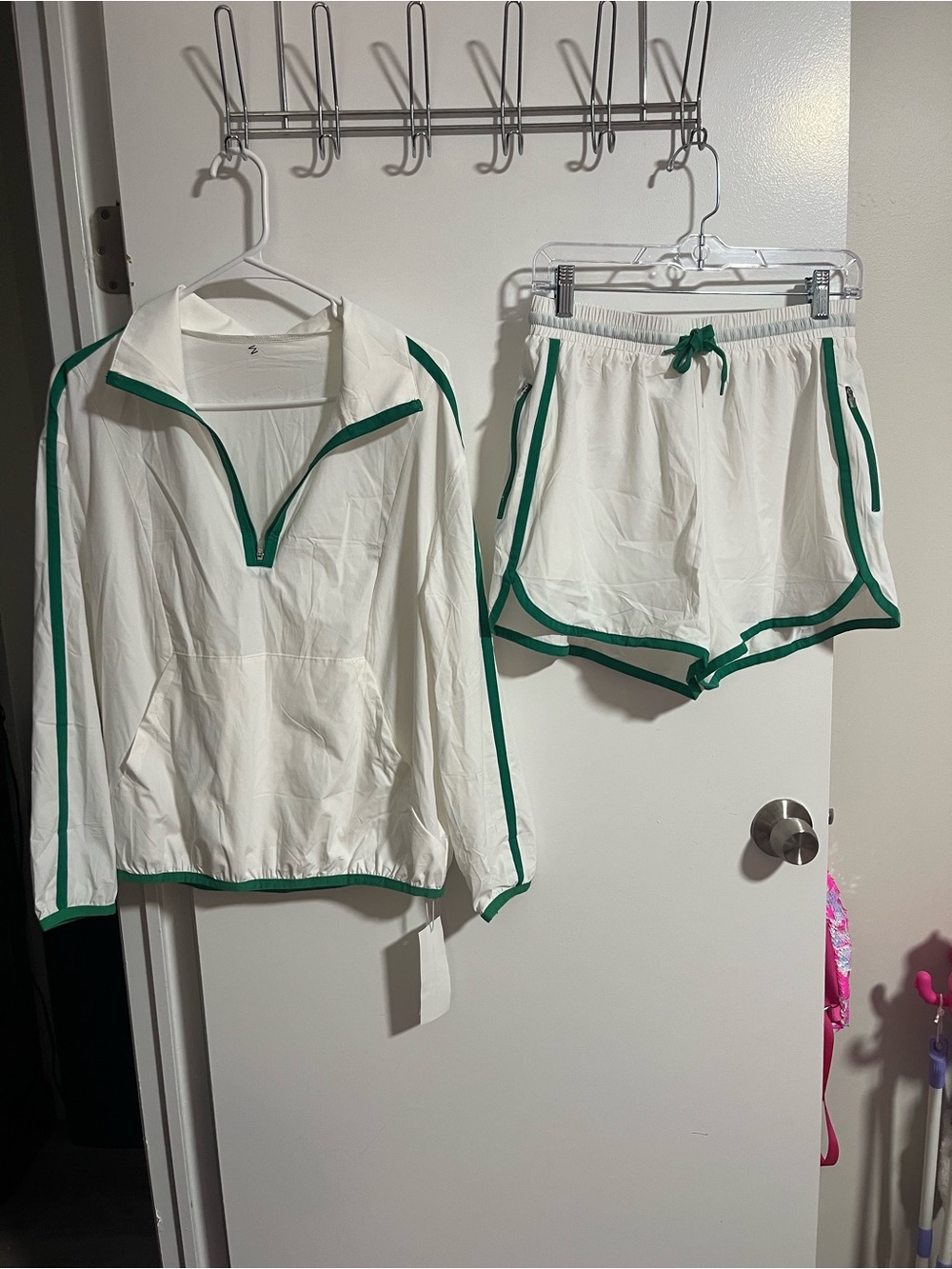 Amazon White Active Pullover Jacket and Shorts Set with Green Trim
